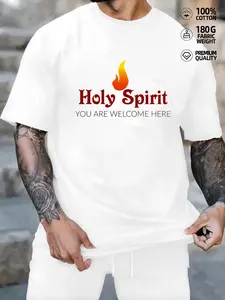 Men'S Christian Graphic T-Shirt Featuring The Holy Spirit - Made from 100% 180Gsm Heavyweight Material, This Humorous Faith Design Includes a Flame Print of The Holy Spirit And The Slogan 'You Are Welcome Here'.It'S a Casual Round Neck, Plus Size