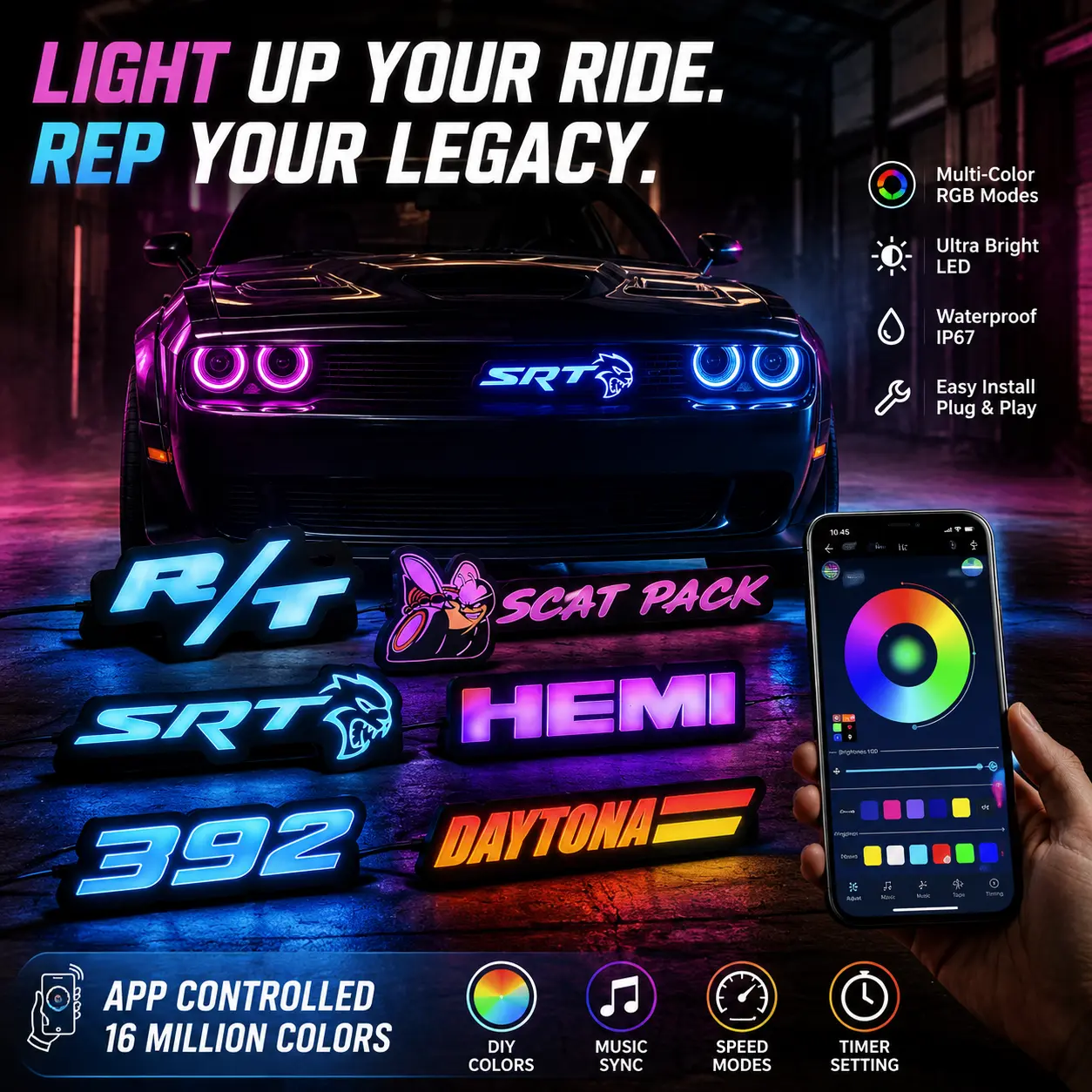 RGB LED Grille Badge Compatible with SRT Hellcat Scat Pack, Fits Dodge Charger Challenger Durango Jeep Grand Cherokee Ram