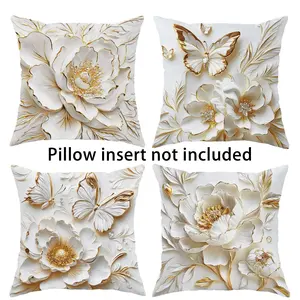 4 Piece Floral Butterfly Pillow Covers Set, Modern Gold Comfort Soft Decorative Pillows, Single-Sided Print for Living Room Bedroom Sofa Bed