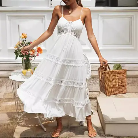 Women's Summer Spaghetti Straps Empire Waist Hollow Out Lace Patchwork Pleated A-Line Long Dress