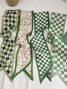 Vintage Silk Scarf High Aesthetic Versatile Hair Tie Bag Strap Narrow Long Necktie Ribbon Decoration Checkered Scarf