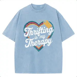 Holafish Thrifting Is My Therapy Graphic T-Shirt, Vintage Retro Heart Pattern Acid Wash Oversized Casual Short Sleeve Cotton Tee For Unisex