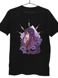 Doki Doki Literature Yuri Manga/Anime T-Shirt | Casual Round Neck Tee with Character & Book Art, Ideal for All Seasons