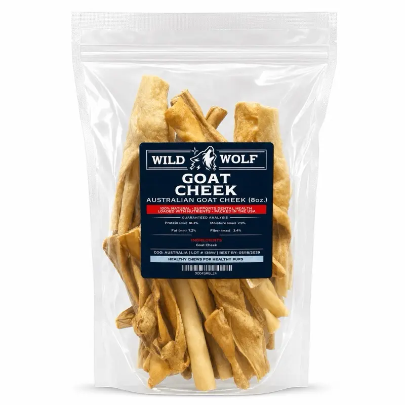 Goat Cheek Dog Chews (8oz.) 100% Natural Dog Treats - Single-Ingredient and Loaded with Nutrients - Natural Scent - Supports Dental Health