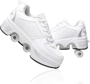 UonrvaoN Roller Skate Shoes,Rollerblades,Inlineskates,4Wheel Retractable Roller Skates,2-in-1 Roller ShoesOutdoor Sneakers With Wheels,White silver