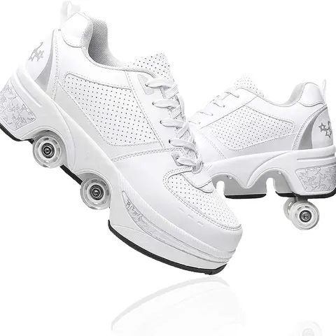 UonrvaoN Men's 2-in-1 Retractable 4-Wheel Adjustable Roller Skates Casual Trainers - EVA+Rubber Thick Sole, 10 - 28 Cm Mesh Upper, All Seasons, 18-40 Years Old, Best Gift for Children, White Silver Outdoor Sports Shoes