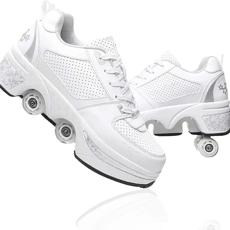 UonrvaoN Men's 2-in-1 Retractable 4-Wheel Adjustable Roller Skates Casual Trainers - EVA+Rubber Thick Sole, 10 - 28 Cm Mesh Upper, All Seasons, 18-40 Years Old, Best Gift for Children, White Silver Outdoor Sports Shoes