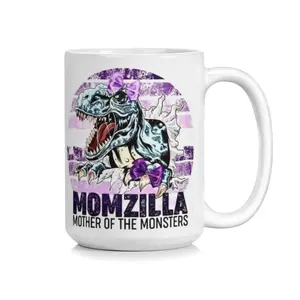 Momzilla Dinosaur 11oz & 15oz Mug, Mother Of The Monsters Funny Quote, Purple Bow T-Rex Art, Retro Vintage Sunset Style, Perfect Gift For Mom, Retro Vintage Sunset Style, Perfect Gift For Mom