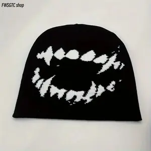 Unisex Black & White Elastic Knit Beanie with Tooth Graphic, Soft Comfort Hip Hop Skull Cap. Washable Trendy Winter Headwear for Men & Women Cold Weather Daily Use