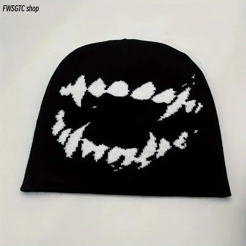 Unisex Black & White Elastic Knit Beanie with Tooth Graphic, Soft Comfort Hip Hop Skull Cap. Washable Trendy Winter Headwear for Men & Women Cold Weather Daily Use