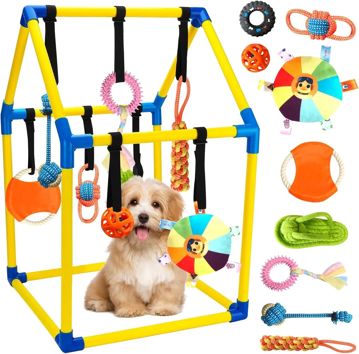 Puppy Play Gym with 9 Hanging Toys, Interactive Dog Enrichment Playground, Removable Indoor Training Activity Center for Puppies & Small Dogs, Adjustable PVC Frame, Teething & Squeaky Toys Included