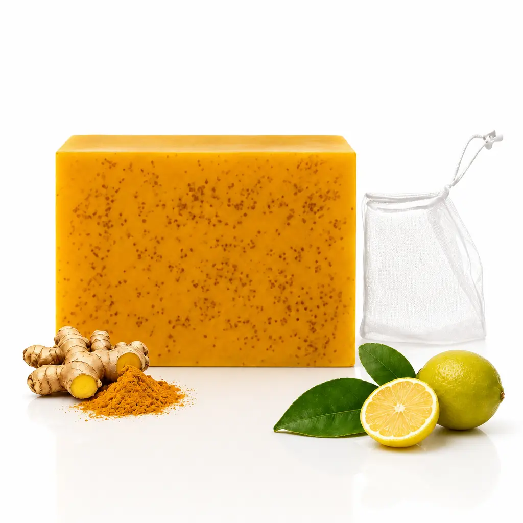 Lemon Turmeric Kojic & Orange Cleansing Soap Bars with Soap Nets, Daily Face & Body Wash Cleanser, Rich Foaming Bath & Body Care Pouch