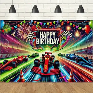 1pc 2D F1 Racing Themed Birthday Banner, Neon Track Race Car & Bunting Printed Backdrop, Cool Racing Vibe, Ideal for Racing Enthusiasts Birthday Parties, F1-Themed Gatherings, Sports Banquets & Photography Backdrop Decor