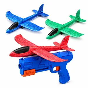 Foam Airplane Launcher Toy with LED Lights, 3 Pack Foam Glider Planes and Launcher Gun, 2 Flight Modes Outdoor Flying Toy for Kids Boys Girls 3+, Backyard Play Gift Toy