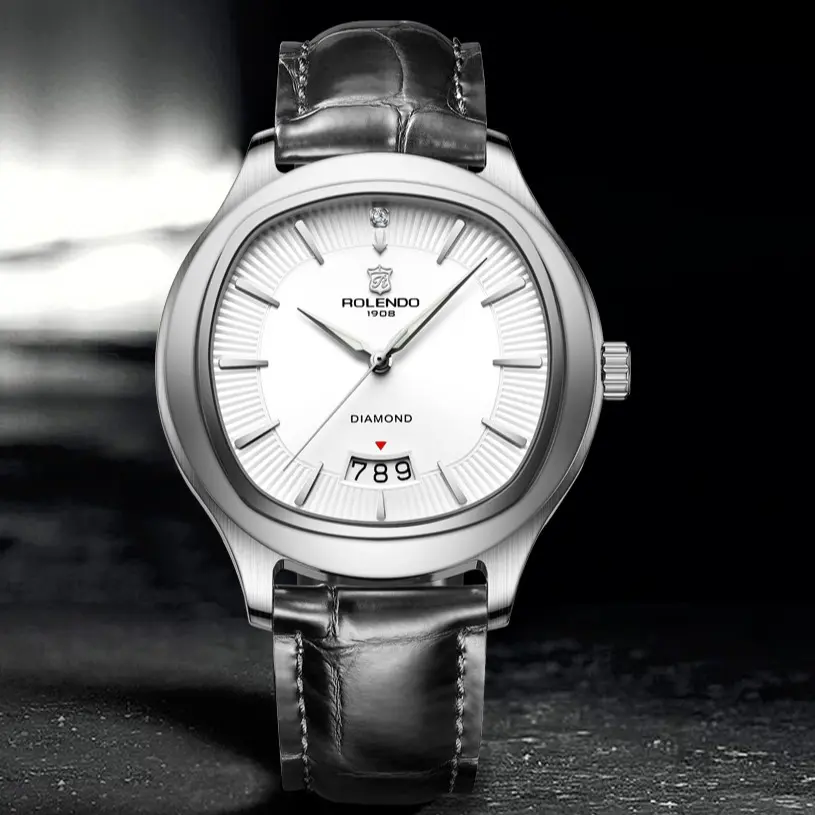 Men's 40mm Premium Silver Oval Cushion Automatic Mechanical Wrist Watch - Clean Radial White Dial, 1 Diamond Accent, Unique Big Triple Digit Date, Soft Black Leather Strap, Minimal Basic Luxury Gift For Him, 40Mm Watch