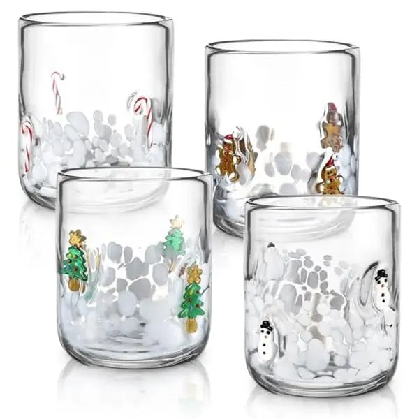 2/4 Pcs Christmas Icon Glasses 16 oz Icon Juice Glasses with Christmas Pattern Double Old Fashioned Hand Blown Drinking Cups for Besties Teacher Coworker Family Friends for Burr Basket Xmas Party Lovely Gifts Secret Santa Gift Exchange