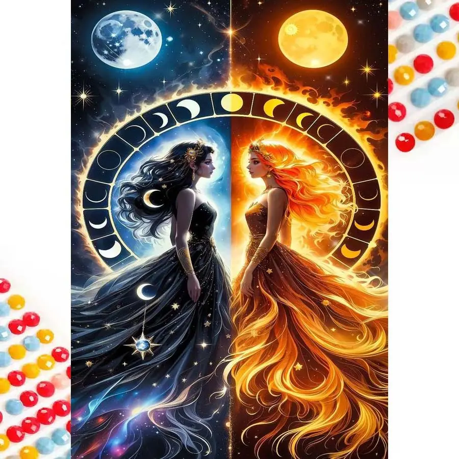 5D DIY Full Drill Round Diamond Painting - Diamond Art Kit Sun and Moonlight Mosaic, Canvas - DIY Decorative Art, Home Wall Decor, Suitable for Halloween and Christmas, Birthday and Anniversary Gifts
