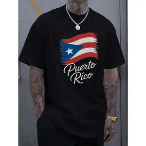 Men'S Black T-Shirt with Puerto Rico Flag Print - Casual Wear