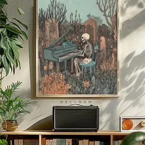 Unframed, Room Decor, Vintage Design Maximalist, Skeleton Playing the Piano, Halloween Poster Halloween Print, Skeleton Print Halloween Wall Art, Halloween Decor – 5 Size, 8x12 to 27x40 inch