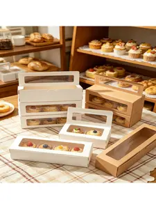 25/15/10/5/1pcs Kraft Paper Macaron & Cookie Boxes, Transparent Rectangular Flip Lid Bakery Packaging for Pastries & Desserts.needoh.paper plates
