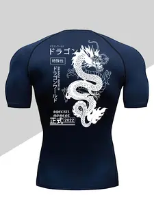 Men's Dragon Print Compression T-Shirt, Quick-Dry Breathable Stretch Fabric, Tight-Fitting Short Sleeve Top for Fitness and Outdoor Activities, Athletic Compression Shirts