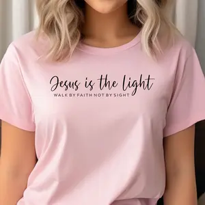 Jesus is the Light - Christian Unisex Jersey Tee - Casual Everyday Knit Top for Women - Medium Fit with Ribbed Collar & Side Seams - Walk by Faith Not by Sight Design