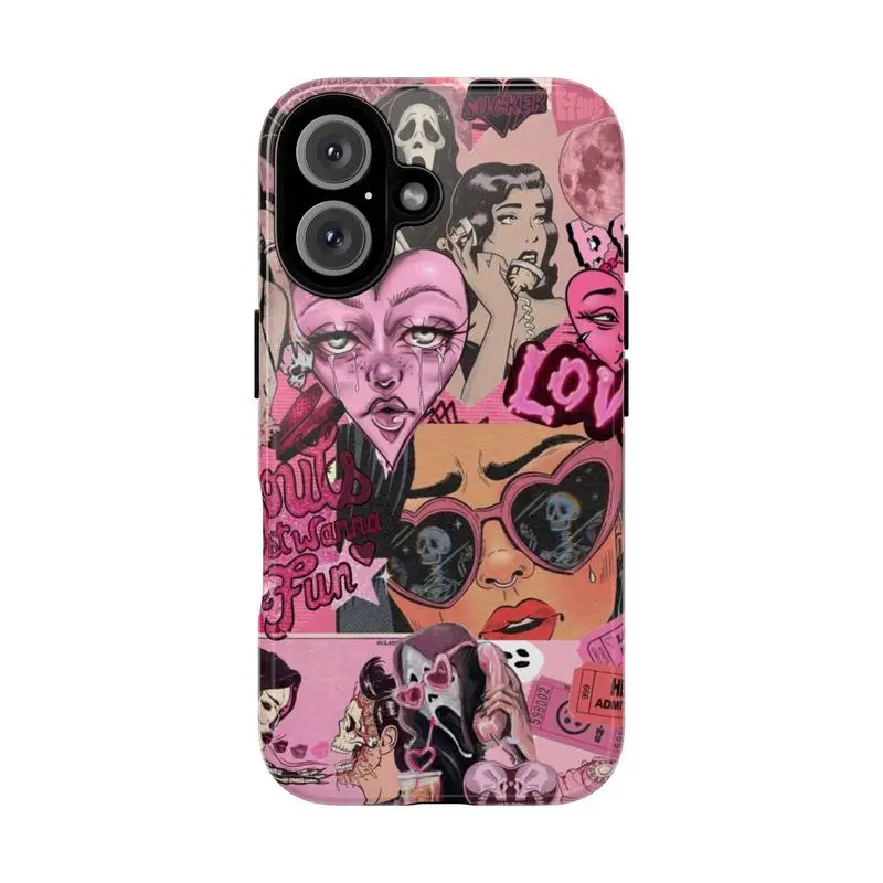 Edgy Pink Collage Tough Phone Case – Gothic Pop Art Design with Skulls Phone Case For iPhone 17 16 15 14 13 12 11 Pro Max Plus Air & Samsung Galaxy S25 Ultra S24 S23 S22 S21 Plus - Top Fan's Phone Case Cover as Perfect Gift Get Ready for Halloween