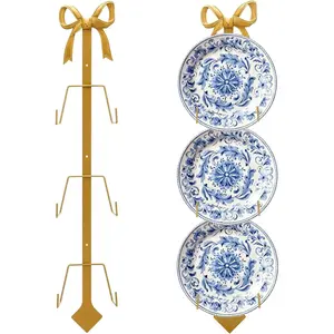 1 Pack Gold Bow Wall Plate Holder, Bow Knot Iron Easel Display Rack, Wall Mount Metal Plate Hanger Stand for Hanging Photo Frame Art Plaque, for Cabinet Kitchen Counter Bar Cafe, 28 x 7.2 Inch