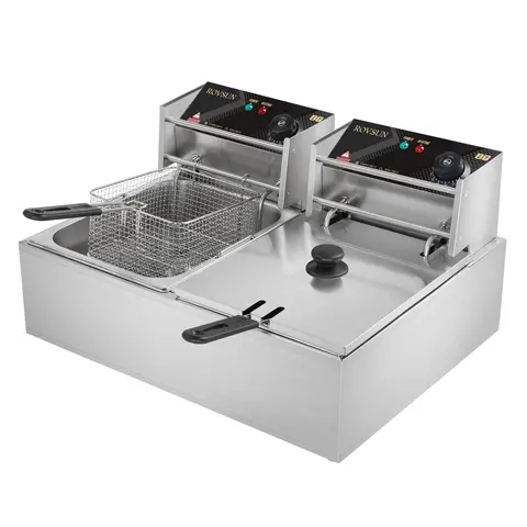 ROVSUN 22.8QT Stainless Steel Commercial Dual Tank Countertop Fryer - 5000W 110V Rectangular Appliance, Adjustable Temperature Control, 2 Baskets, Lids, Knobs, Detachable Easy-to-Clean Parts, 13.7QT Oil Space, Fry French Fries, Donuts