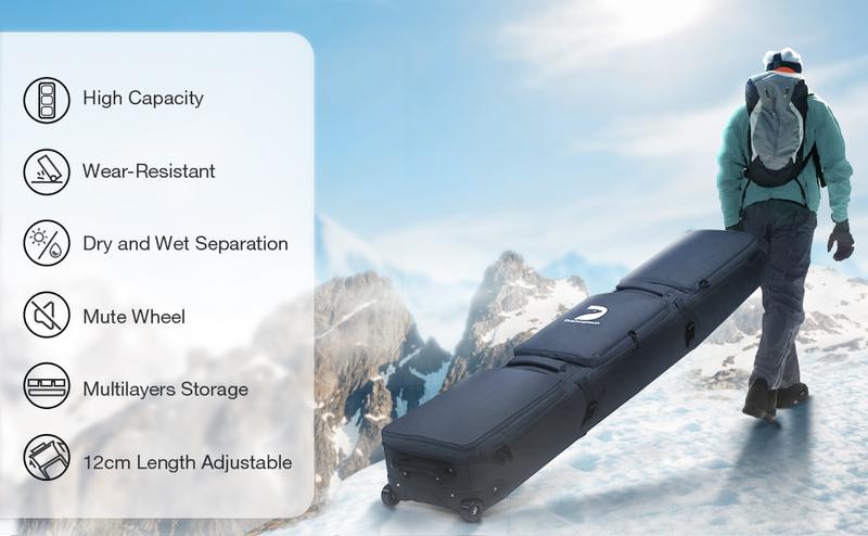Waterproof Ski Bag with Wheels, Double Rolling Snowboard Bag for Air Travel Extendable From 155CM-187CM, with 3 Padded Outside Compartment Storage Helmet, Boots, Goggles, Jackets