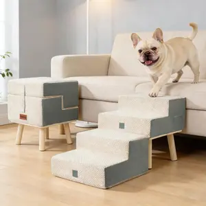 Dog Stairs for Small Dogs and Cats, 4-Step Dog Ramp for Couch and Bed, Foldable 2-in-1 Wooden Pet Steps for Puppy, Split Ottoman Design, Beige