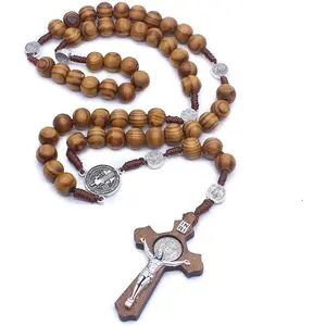 Wood Beads Rosary Necklace Saint Benedict Medal & Catholic Cross Religious Prayer Chaplet String Handmade, brown
