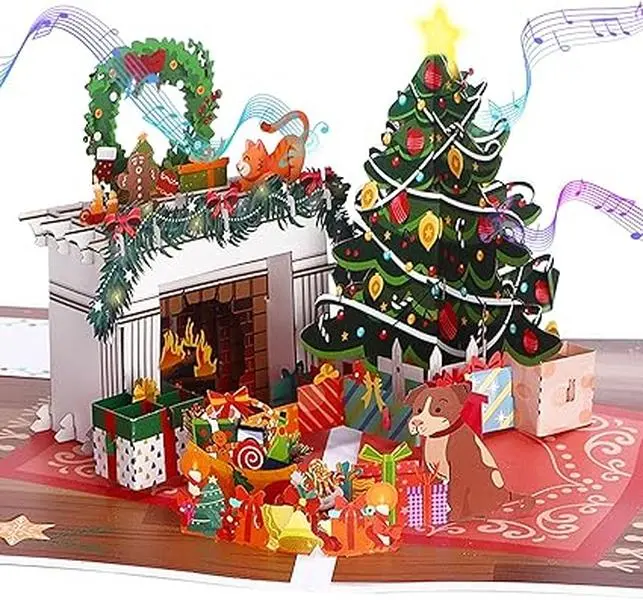 Christmas Card, Light and Musical Christmas Cards, Fireplace Pop Up Christmas Card, 3D Merry Christmas Card, with Envelope