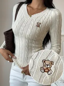 New Fall Winter Sweet Spicy Bear Embroidered Knit Sweater V Neck Slim Fit, Casual Daily Wear Bottom Layer Fitted Womenswear Knitwear