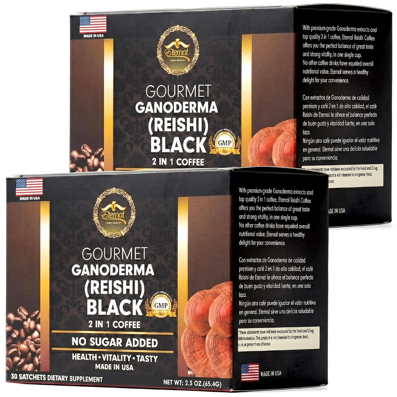 Eternal Gourmet Ganoderma (REISHI) Black Coffee 2 in1 Made in USA Cafe Negro con ganoderma Eternal(2-Pack)