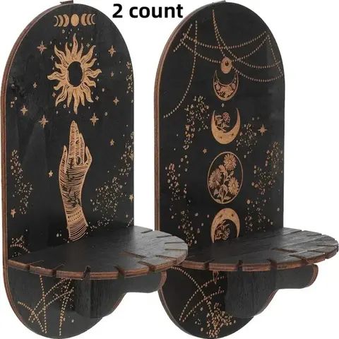 Wooden Crystal Display Rack, 2 Counts/set Creative Moon & Sun Pattern Decorative Wall Shelf, Wall Mount Design, Home Decor for Living Room Bedroom Mounted Shelf, Decoration Items