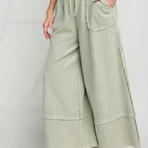 Easel Mineral Washed Drawstring  Terri Palazzo Pant for Women - Bottoms - Womenswear Comfort Casual Minimalist Basic