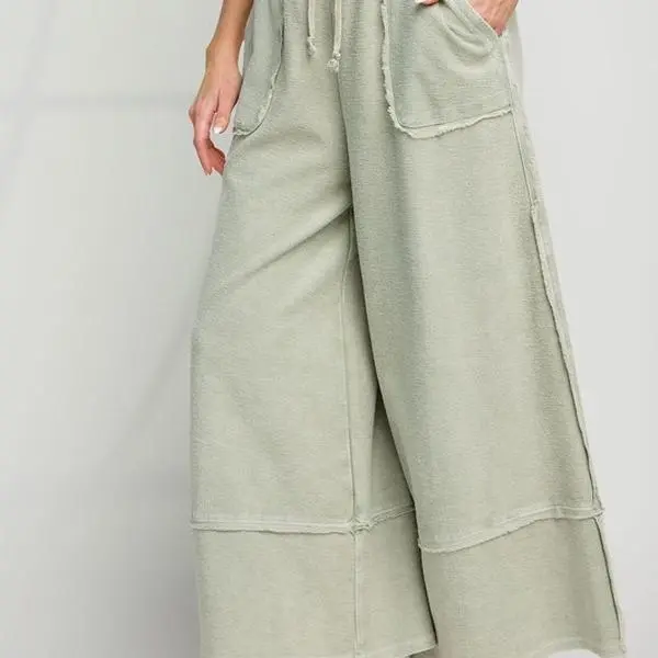 Easel Mineral Washed Drawstring  Terri Palazzo Pant for Women - Bottoms - Womenswear Comfort Casual Minimalist Basic
