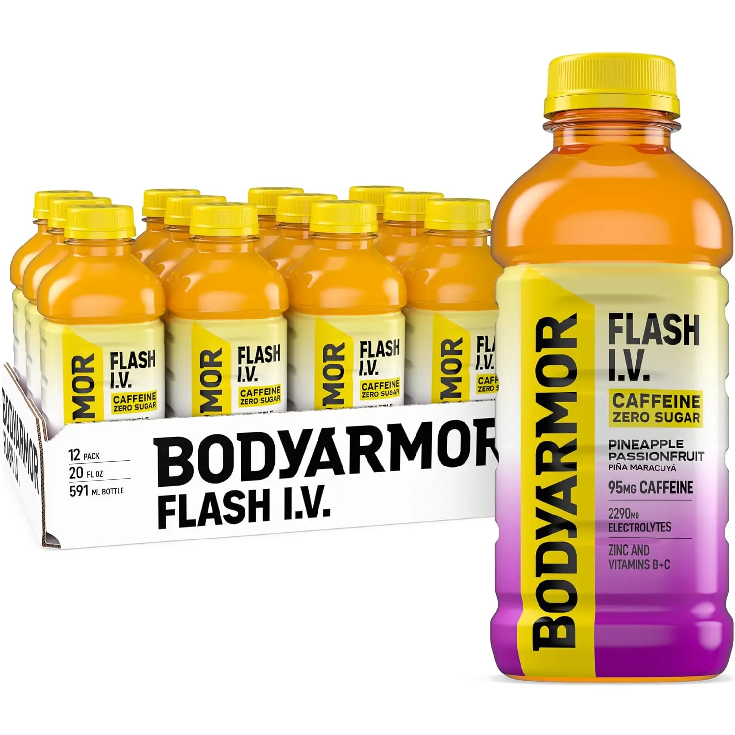 BODYARMOR Flash IV Caffeine + Zero Sugar Drink, Pineapple, 20 Oz (12 Pk) | Sugar-free Ready-to-Drink Electrolyte Drink + 95mg Caffeine, Rapid Rehydration, 2,290mg Electrolytes, Zinc & Vitamins B + C
