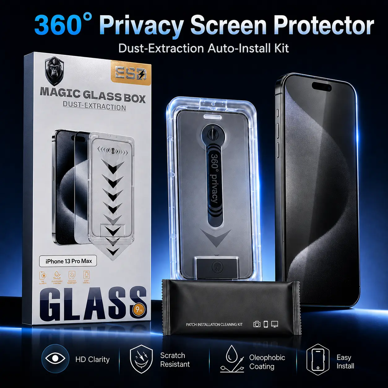 Magic Glass Box 9H Tempered Glass 360 Privacy Screen Protector for iPhone 13 Pro Max, Auto Alignment Kit for Enhanced Protection