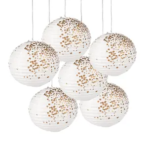 12" White & Gold Patterned Hanging Paper Lanterns - 6 Pc.