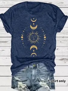 Women's Moon & Sun Print Round Neck Tee, Casual Short Sleeve Crew Neck T-shirt for Summer, Fashion Women's Top for Daily Wear