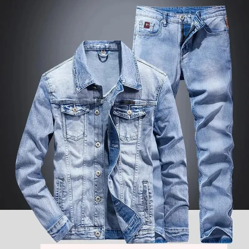 Men's 2-Piece Slim-Fit Stretch Denim Suit - Spring-Autumn Jacket & Jeans, Menswear Fashion Apparel Sports Clothing Set, Long Sleeve