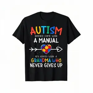 Autism Doesn't Come with a Manual Grandma T-Shirt - Inspirational Puzzle Piece & Heart Design, 100% Cotton Unisex Casual Tee, Slightly Elastic Round Neck, Machine Washable, Sizes S-XXXL, Everyday Tshirt| Round Neck  double print  Vintage Metalcore Graphic
