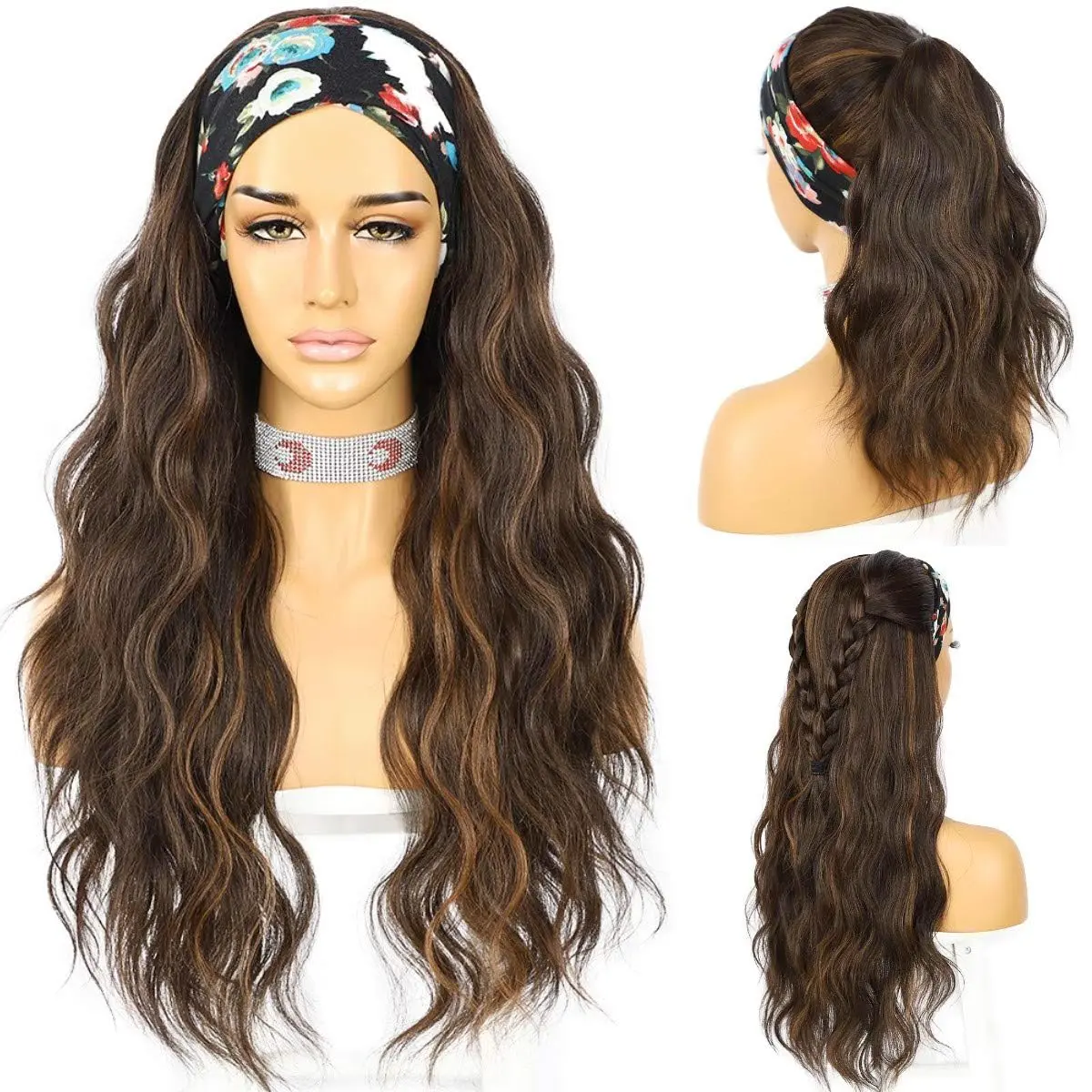 Glueless Headband Wig Loose  Wavy Synthetic Hair Wigs for Black Women Wave None Lace Front Wigs Mix Brown Color Machine Made Wigs 150% Density 26inch