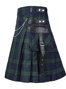Men's Scottish Pleated Kilt Skirt, Unique Design, Large Half Leather 3D Utility Pockets, Plaid Pattern, Casual Wear