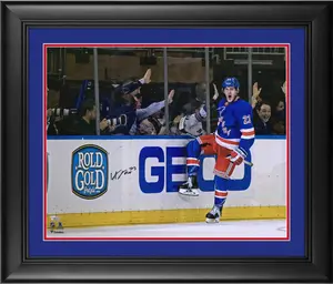 Adam Fox New York Rangers Framed Autographed 16" x 20" Blue Jersey Goal Celebration Photograph - Suede Mat Upgrade - Fanatics Authentic Certified