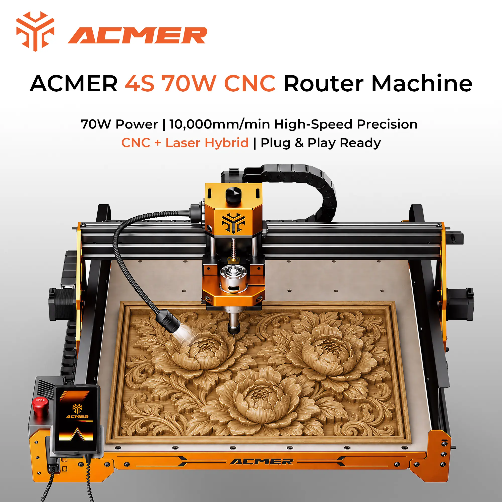 ACMER Ascarva 4S-70W CNC Router Machine | 500W Spindle + Laser Module | 70W Power High-Speed 10,000mm/min | 3.5” Touch Screen | 8-Wheel Stable Structure | Plug & Play Hybrid System