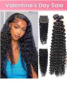 Human Hair Bundles Deep Wave Bundles with Closure Human Hair 12A 3 Bundles 100% Unprocessed Brazilian Virgin Hair Curly Weave Bundles with Closure Human Hair Extensions Natural Black