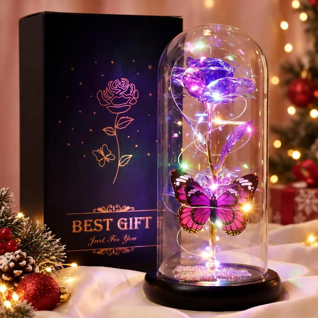 DEEMEI Eternal Rose Light Up Flower in Glass Dome with Butterfly USB Charge Artificial Rosa, Birthday Christmas Halloween Gift for Girlfriend Mom Dad